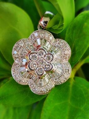 18Kt Diamond Flower Cluster Double Halo Pendant Round & Baguette 1.50ctw